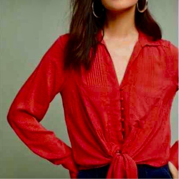 Maeve Red Matilda Polkadot Blouse Pleated Long Sleeve with Notched Collar Size S - Picture 7 of 12